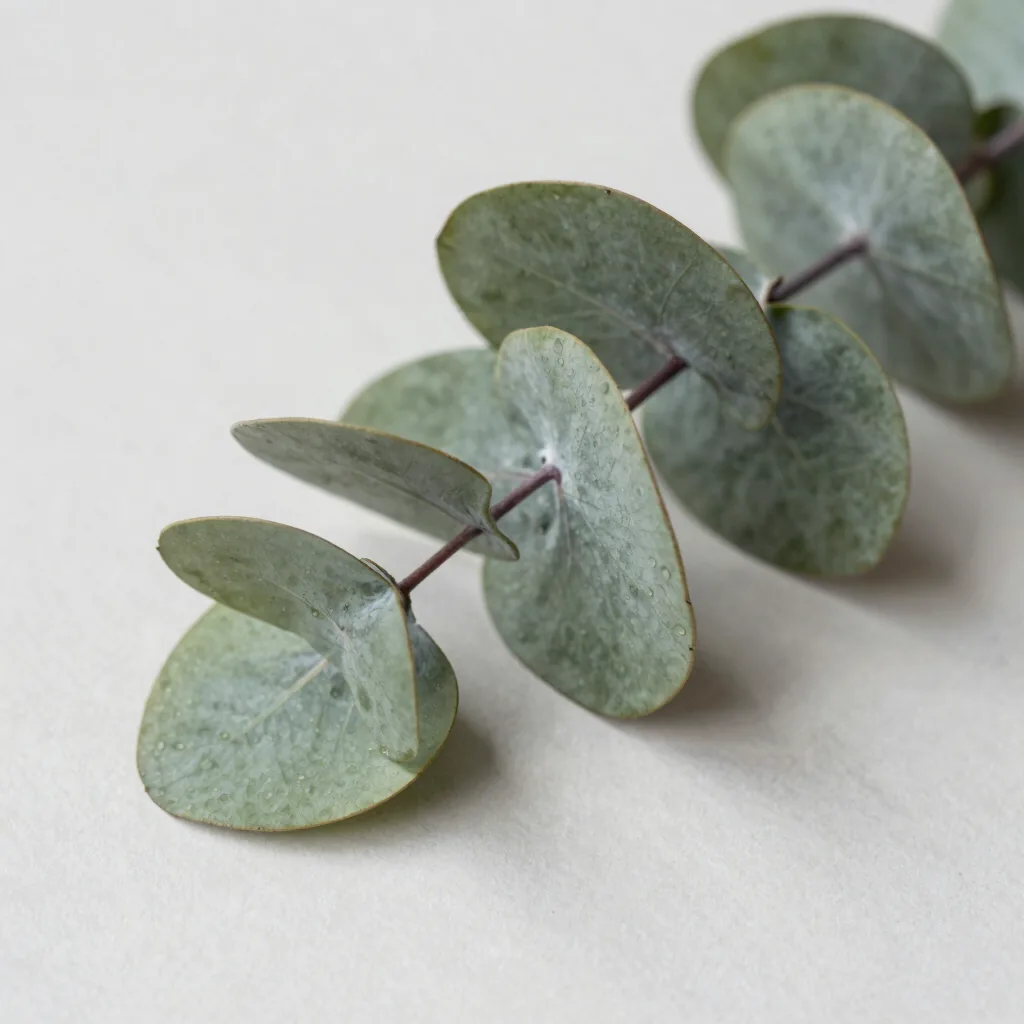 Close-up of silvery eucalyptus leaves styled for office decor