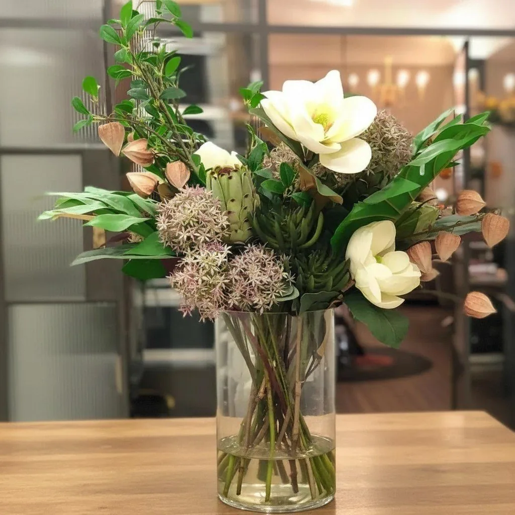 Artificial silk flower arrangement in a glass vase, luxury faux flowers styled for office decor